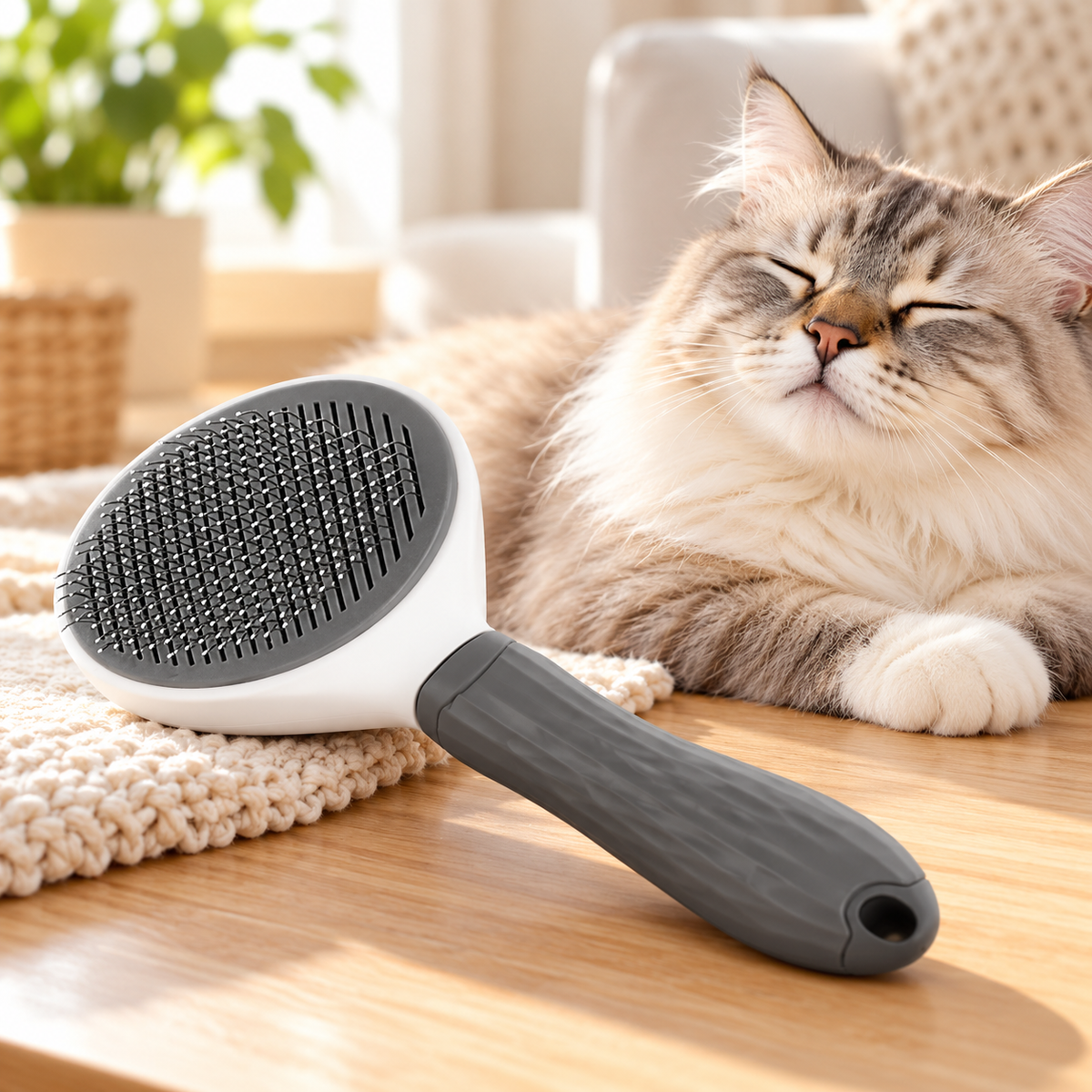 Brosse de toilettage à côté d’un chat