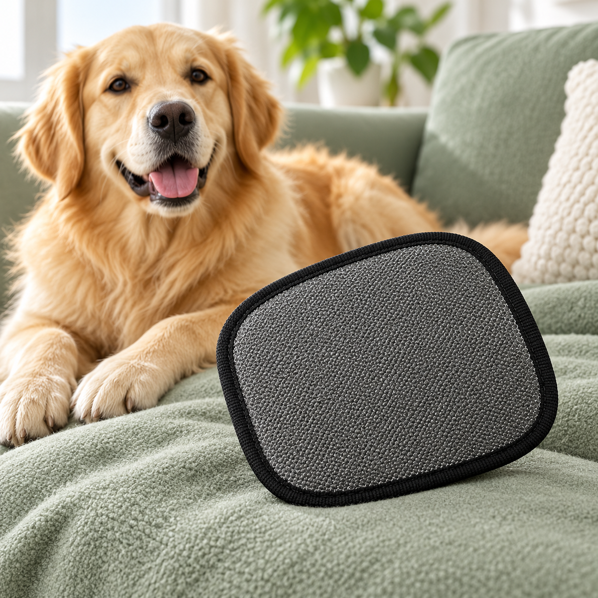 Gant anti-poils noir près d’un chien