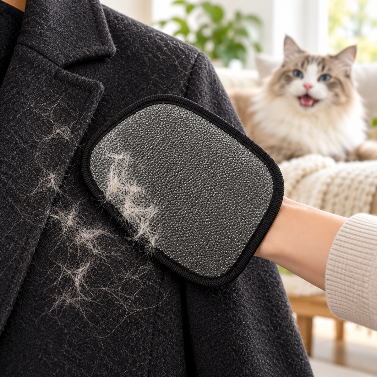 Gant anti-poils utilisé sur un manteau, avec un chat