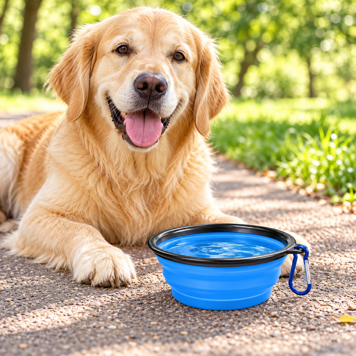Gamelle pliable bleue pour chien en promenade