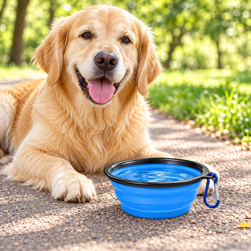 Gamelle pliable bleue pour chien en promenade
